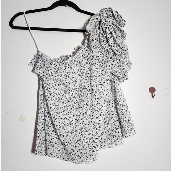 Ulla Johnson Alene One Shoulder Cotton Top Porcelain Floral Vine Puff Sleeve Bow - Picture 6 of 13